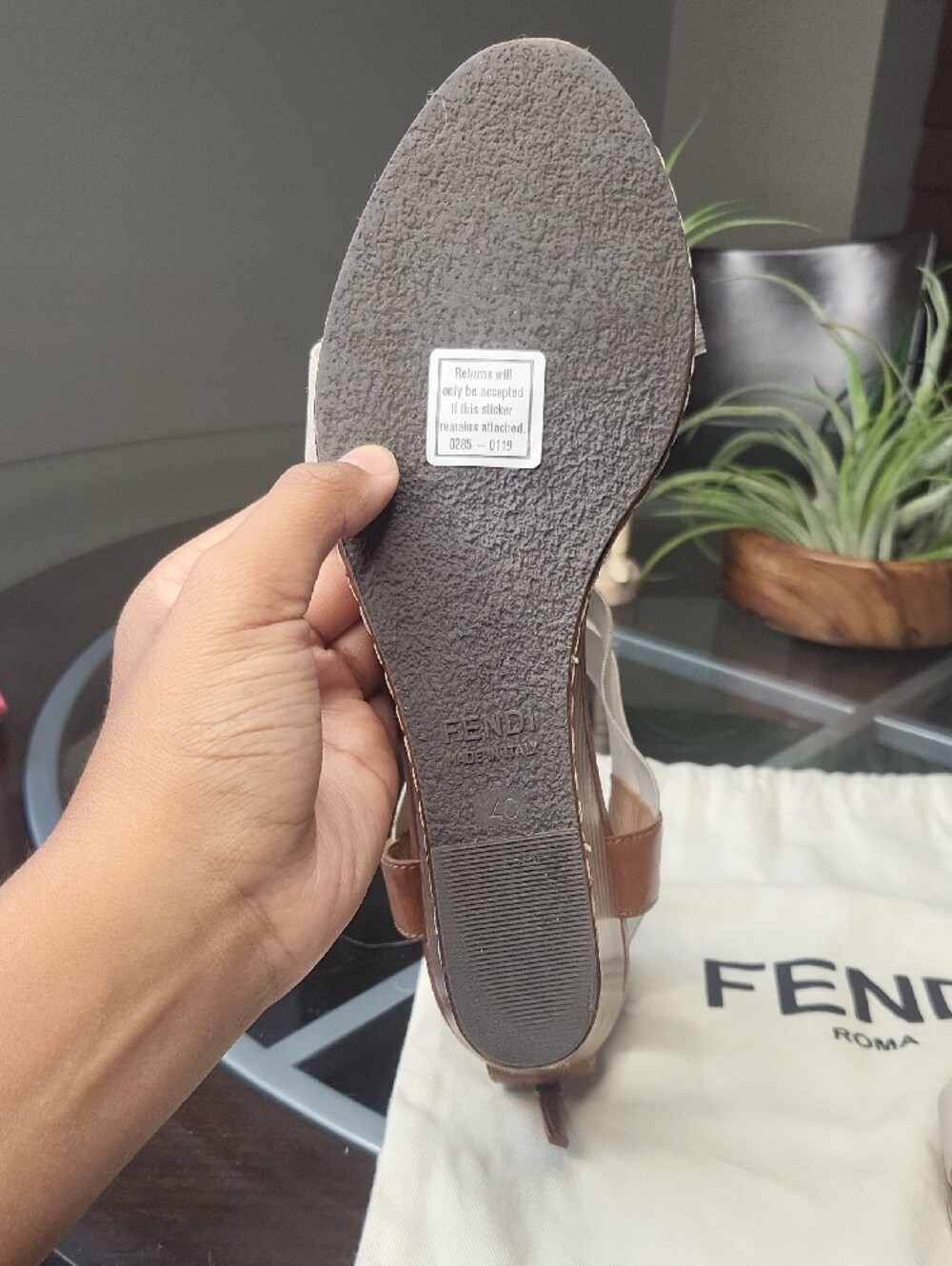 Fendi Brown & Cream Leather Wedge Sandals - Picture 4 of 11